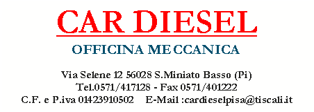 Casella di testo: CAR DIESELOFFICINA MECCANICAVia Selene 12 56028 S.Miniato Basso (Pi) Tel.0571/417128 - Fax 0571/401222C.F. e P.iva 01423910502    E-Mail :cardieselpisa@tiscali.it