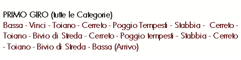 Casella di testo: PRIMO GIRO (tutte le Categorie)Bassa - Vinci - Toiano - Cerreto - Poggio Tempesti - Stabbia -  Cerreto - Toiano - Bivio di Streda - Cerreto - Poggio tempesti - Stabbia - Cerreto - Toiano - Bivio di Streda - Bassa (Arrivo)
